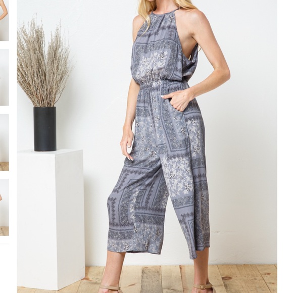 NEW Dune Grey Paisley Print Cropped Elastic Waist Jumpsuit - Picture 3 of 7